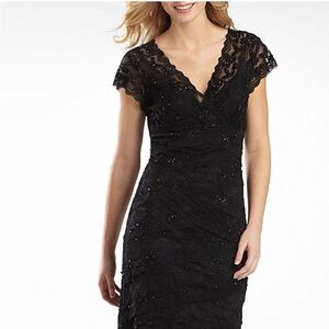 Blu Sage Black Beaded Lace V Neck Cap Sleeve Evening Dress Size 14 Petite Y2K